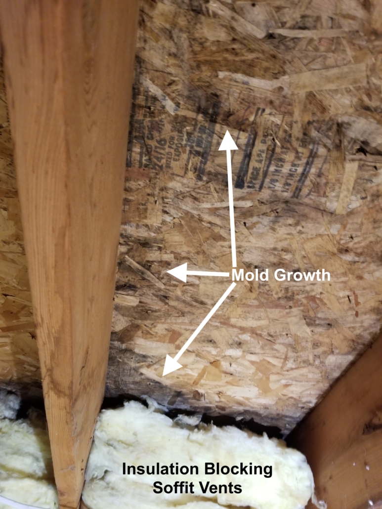 Picture of attic showing ventilation issues, blocked soffit vents causing condensation and water damage, American Restoration water damage experts